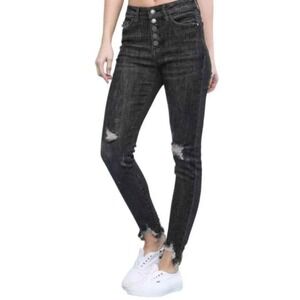 Judy Blue Button Me Up Black Shark Bite Fray Hems High Rise Skinny Jeans plus 24